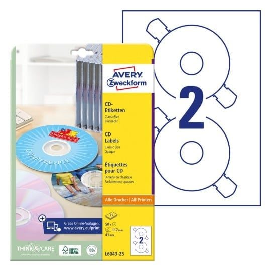 CD/DVD-tarrat Avery Ø117 mm valkoiset, lasertulostimelle - (25 arkkia x 2 kpl)