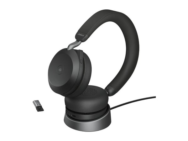 Jabra Evolve2 75 - Hodesett - on-ear - Bluetooth - trådløs - aktiv støydemping - USB-A - lydisolerende - svart - med ladestativ - Certified for Mic...
