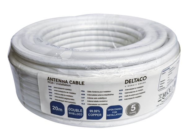 DELTACO - Samlet kabel - 20 m - 6.6 mm - dobbeltskjermet koaksial - RG-6 - hvit
