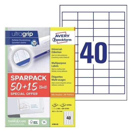 Universaletiketter Avery 48,5x25,4 mm, hvid med Ultragrip + 30% ekstra indhold - (65 ark x 40 stk.)
