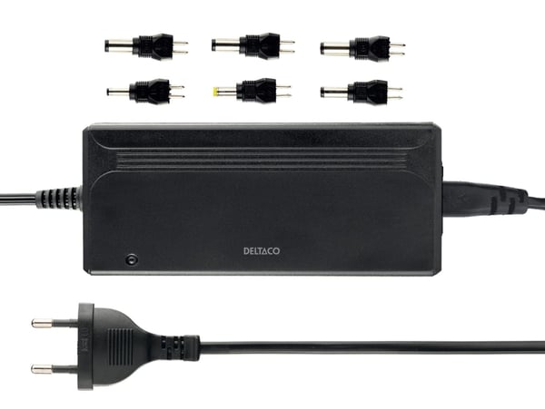 Deltaco PSR-30B strømforsyning 36 W, 5-15 V DC, 3 A maks, 6 plugger, svart