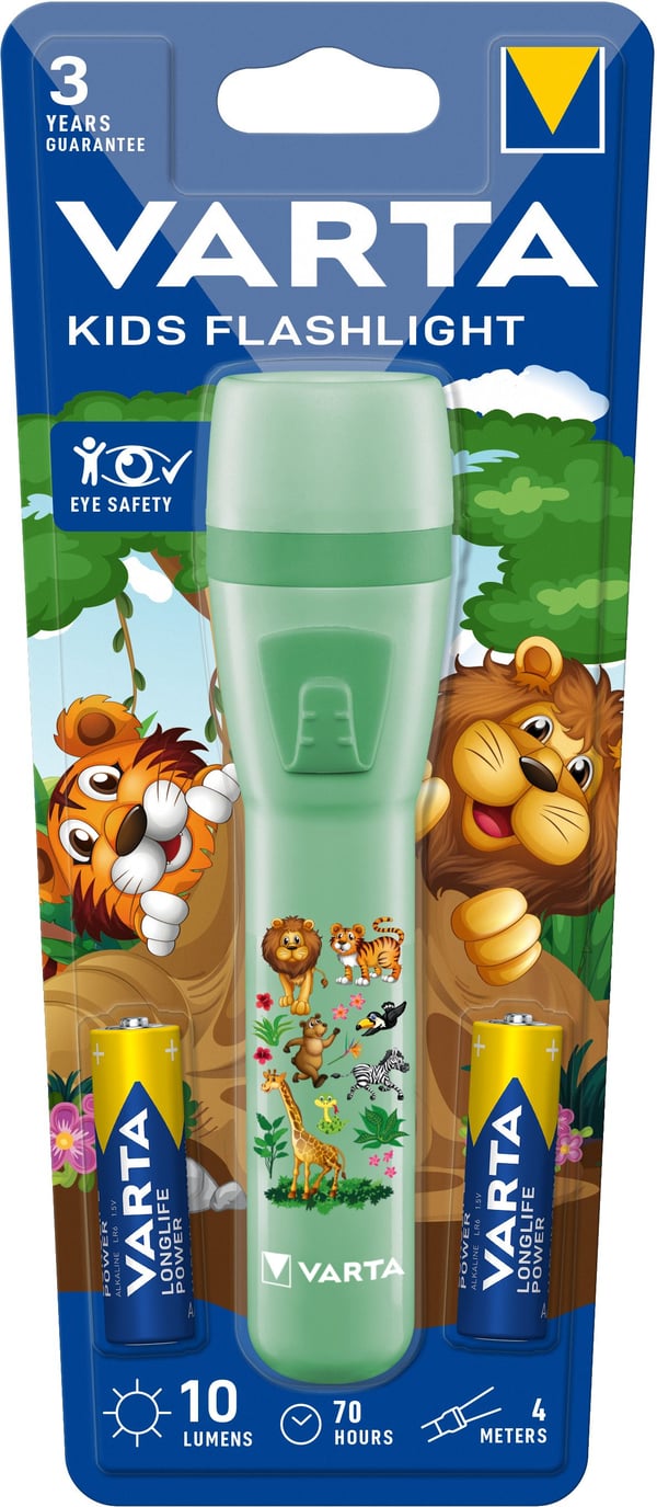 Varta Kids Ficklampa, Handficklampa, Ljusgrön, Akrylnitrilbutadienstyren, Polykarbonat (PC), Termoplast, 1 m, 4 m, AA