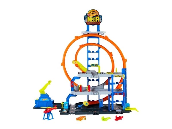 Hot Wheels City Mega Garage JBM74 leikkisetti 1:64, auto ja helikopteri