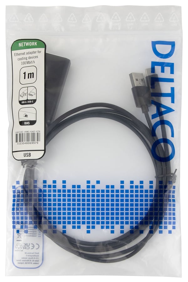 DELTACO USBC-CAST-ETH - Nettverksadapter - USB - 10/100 Ethernet - svart