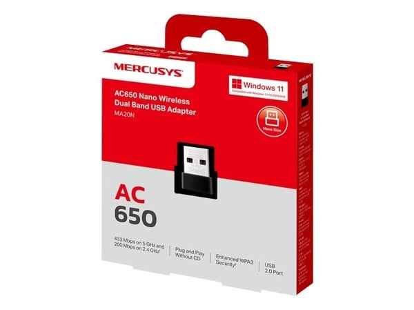 Mercusys MA20N, Trådlös, USB Type-A, WLAN, Wi-Fi 5 (802.11ac), 650 Mbit/s, Svart, Metallisk