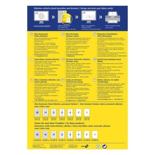 Etiketter Avery 210 x 297 mm, A4, hvite - ekstremt slitesterke og elastiske, for laserskrivere - (50 stk.)