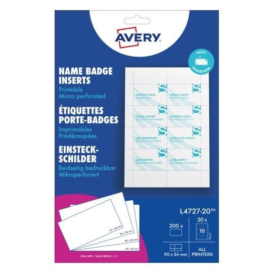 Avery namnskyltsinsatser, 54x90 mm, vita, utskrivbara, mikroperforerade, för bläckstråleskrivare, färglaserskrivare, svartvit laserskrivare, kopiat...