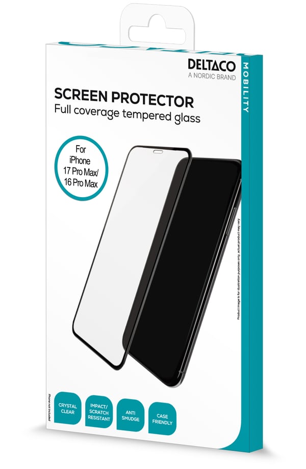 DELTACO - Skjermbeskyttelse for mobiltelefon - full pasning - glass - rammefarge svart - for Apple iPhone 16 Pro Max, 17 Pro Max