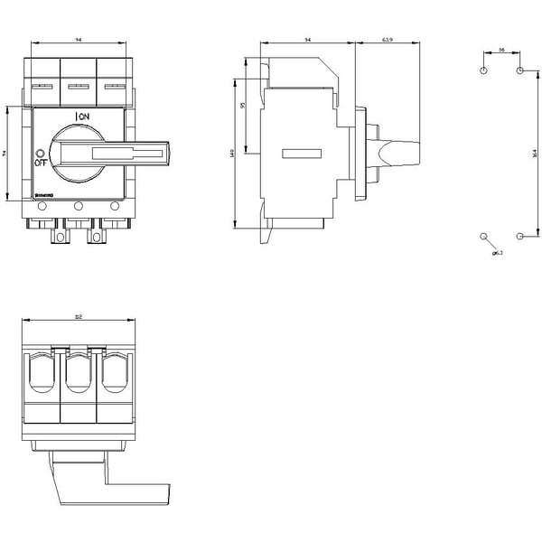 Siemens lastbryter, rød, gul, 3-polet, 185 mm², 160 A, 690 V/AC, 3LD23300TK13, 3P, IP40, 169 mm, 220 mm, 300 mm, 195 mm