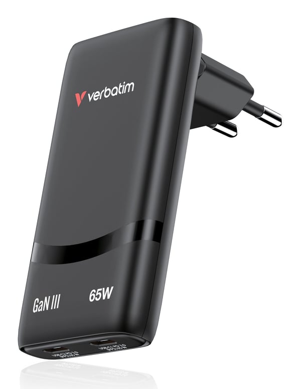 Verbatim Fold 'n' Go - Strømadapter - GaN - 65 watt - 3.25 A - Power Delivery 3.0 + PPS - 2 utgangskontakter (USB-C) - svart - Europa