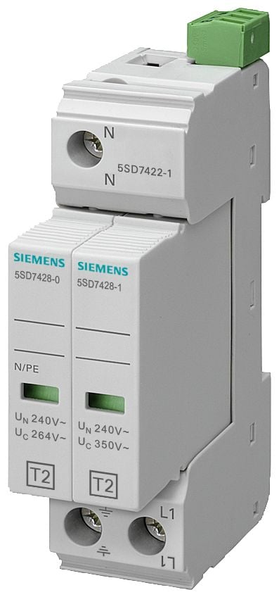 Siemens Overspenningsavleder C TYPE 2 2P 20kA 350V 1+1 smalt arrangement med signalkontakter 5SD7422-1