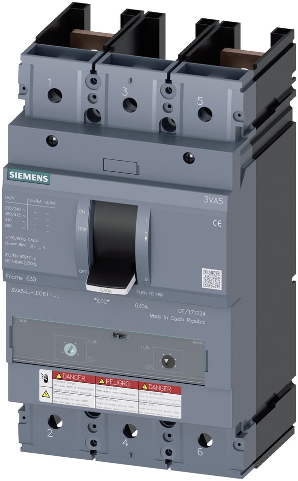 Siemens 3VA5450-6EC61-0AA0 Effektafbryder 1 stk Indstillingsområde (strøm): 500 - 500 A Koblingsspænding (max.): 600 V/AC, 250 V/DC (B x H x T) 138...