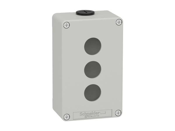 Harmony tyhjä painikekotelo vaaleanharmaasta metallista, jossa 3 x Ø22 mm:n reikää painikkeille ja 2 x M20-ruuvi