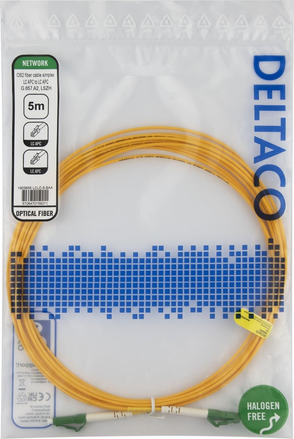 DELTACO - Patchkabel - LC/APC (hane) till LC/APC (hane) - 5 m - 5 m. - fiberoptisk - simplex - OS2 - halogenfri - gul