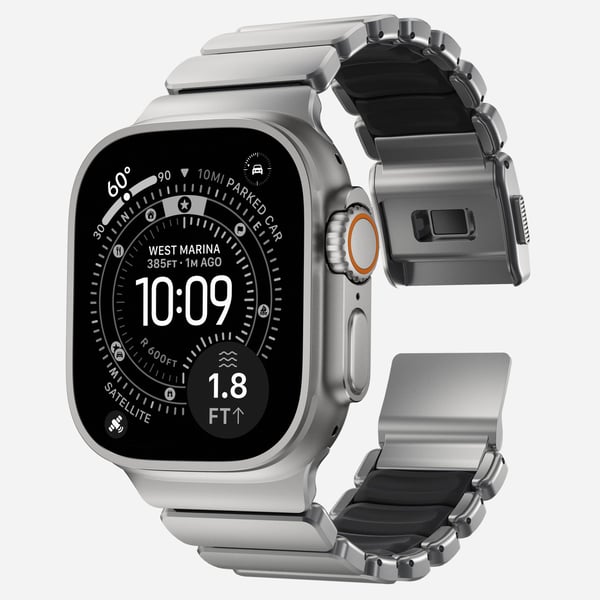 Nomad Stratos klokkerem for Apple Watch 45/46/49 mm, naturlig titan, svart FKM