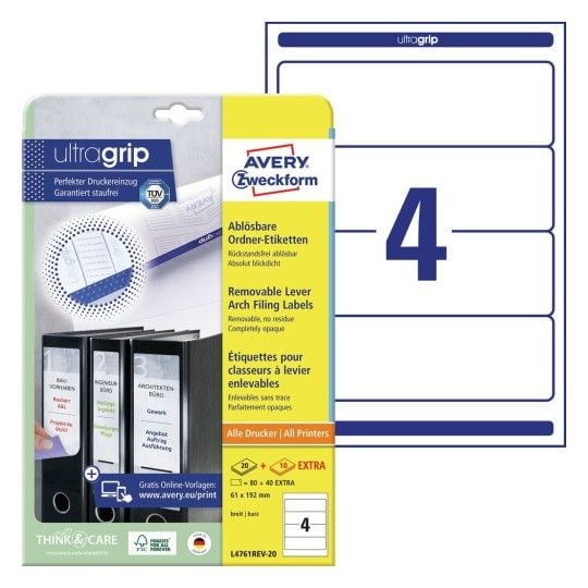 Avery Zweckform L4761 - Papir - fjernbart adhesiv - hvit - 61 x 192 mm 80 etikett(er) (20 ark x 4) opake arkivmappeetiketter