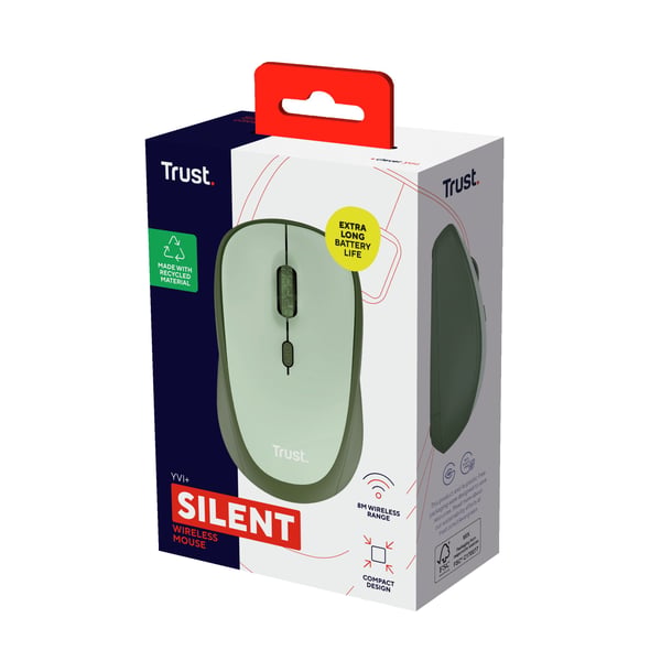 Trust Yvi+ - Mus - stille - optisk - 4 knapper - trådløs - 2.4 GHz - USB trådløs mottaker - grønn