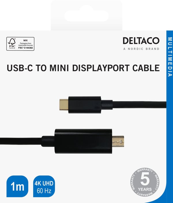 DELTACO - Adapterkabel - USB-C (hane) till Mini DisplayPort (hane) - DisplayPort 1.2 - 1 m - aktiv, 4K60Hz (3840 x 2160) stöd, 1080p stöd 240 Hz - ...
