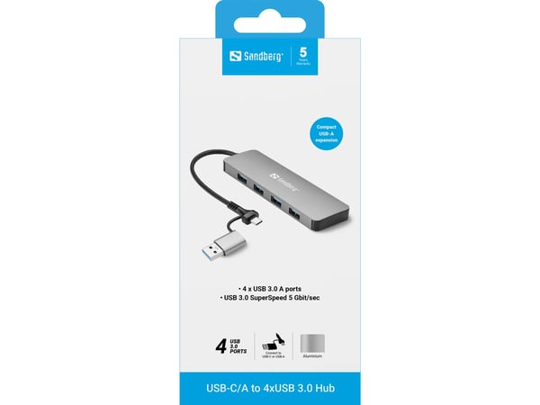 Sandberg - Hub - USB-C/A - 4 x SuperSpeed USB 3.0 - stasjonær