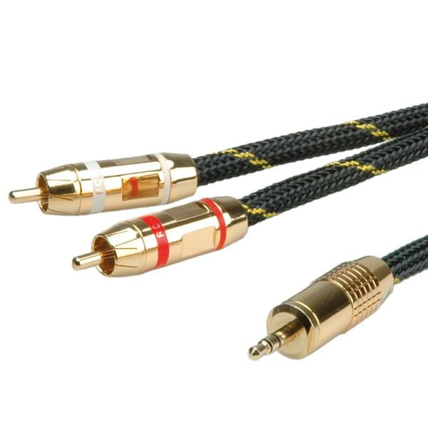 Roline 11.09.4279 Jack Audio Connection Cable [1x Jack 3,5 mm - 2x Cinch Connector] 10,00 m Svart/Guld Skärmad