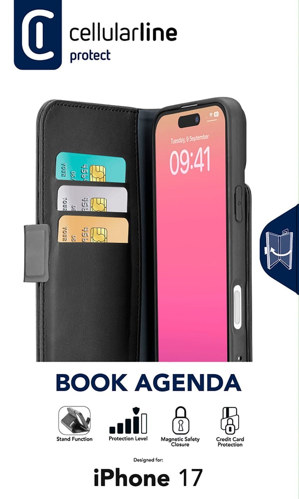 Cellularline Book Agenda, Folio-kotelo, Apple, iPhone 17, 16 cm (6.3"), musta