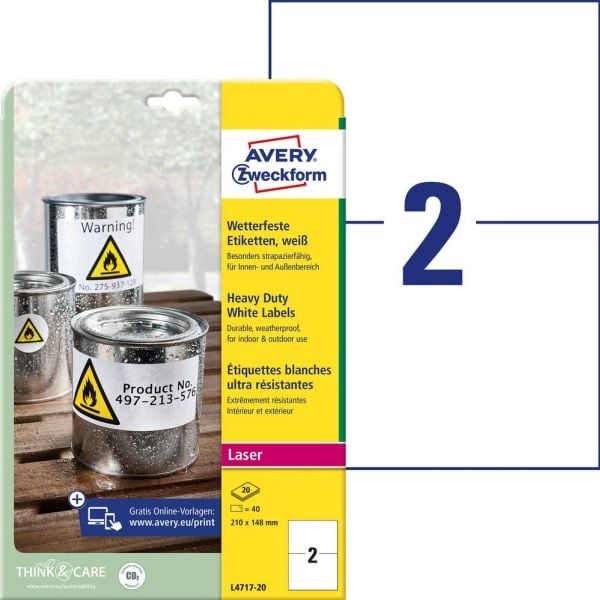 Avery Zweckform - Polyester, polyetylenteraftalat (PET) - matt - permanent häftning - bestruket - vit - 210 x 148 mm 40 etikett (er) (20 ark x 2) e...