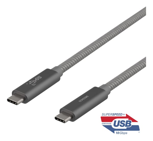 DELTACO USBC-1412M - USB-kabel - USB-C (hane) till USB-C (hane) - USB 3.1 Gen 2 - 5 A - 1 m - USB-strömleverans (5A, 100W) - rymdgrå