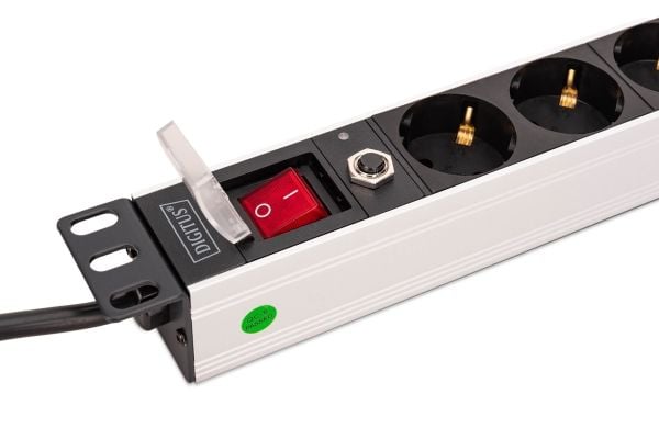 1U aluminium PDU, rackmontert, 7x sikkerhet + 1x utgang