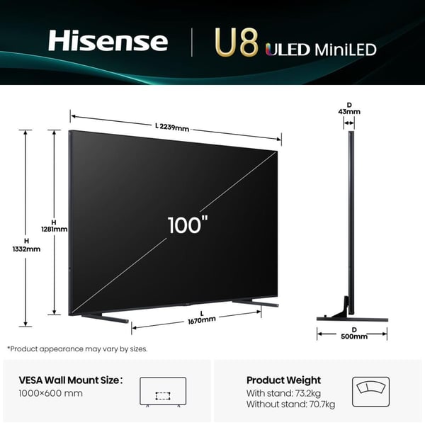 Hisense 100U8Q -televisio, 100 tuumaa, Mini LED, 4K UHD