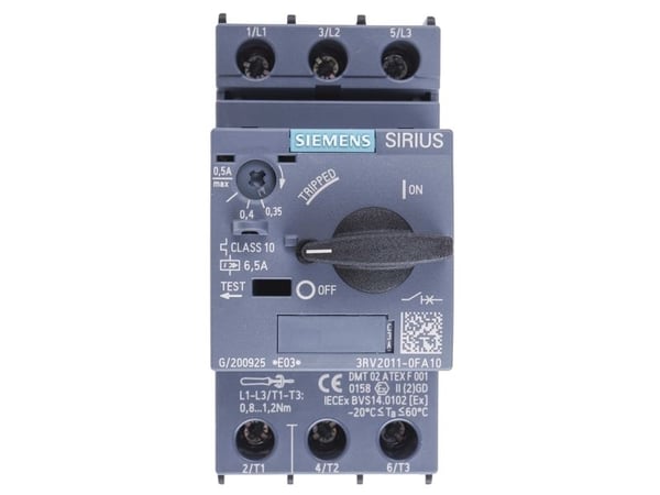 Siemens 3RV2011-0FA10 Katkaisija 1 kpl Asetusalue (virta): 0,35 - 0,5 A Kytkentäjännite (max.): 690 V/AC (L x K x S) 45 x 97 x 97 mm