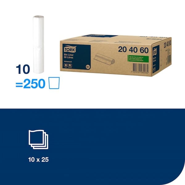 Avfallspåsar Tork transparenta 50 liter B1 Advanced - (10 rullar x 25 påsar per rulle)