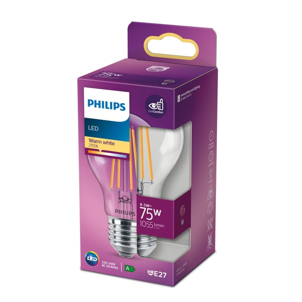 Philips - LED-lyspære - form: A60 - klar finish - E27 - 8.5 W (ekvivalent 75 W) - klasse E - varmt hvitt lys - 2700 K