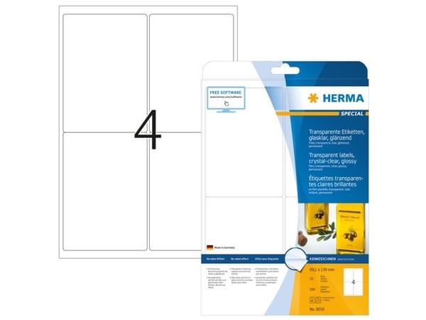 HERMA Special - Blank - gjennomsiktig - 99.1 x 139 mm 100 etikett(er) (25 ark x 4) transparente filmetiketter