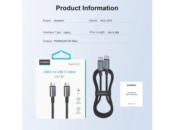 USB-kabel Choetech USB-C till USB-C 1,2 m svart (XCC-1014)