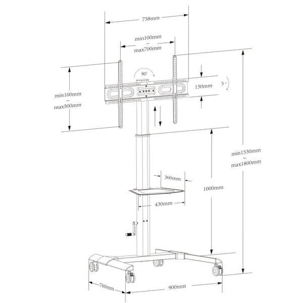 Techly ICA-TR228, Multimediavogn, Sort, Flatskjerm, 40 kg, 81,3 cm (32"), 177,8 cm (70")
