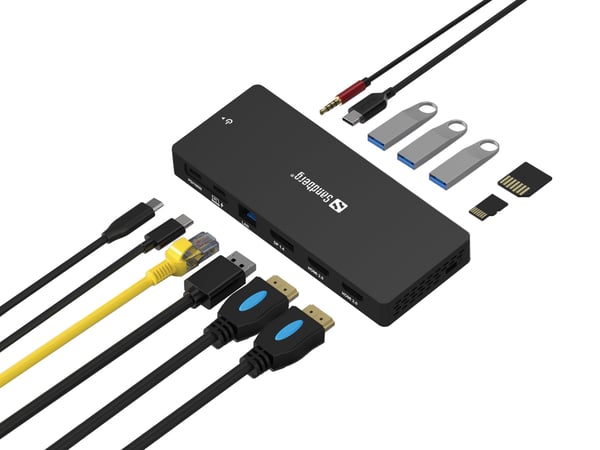 Sandberg USB-C 13in1 DockingStation Pro, langallinen, USB 3.2 Gen 1 (3.1 Gen 1) Type-C, 100 W, 3,5 mm, harmaa, MMC, MicroSD (TransFlash), MicroSDHC...