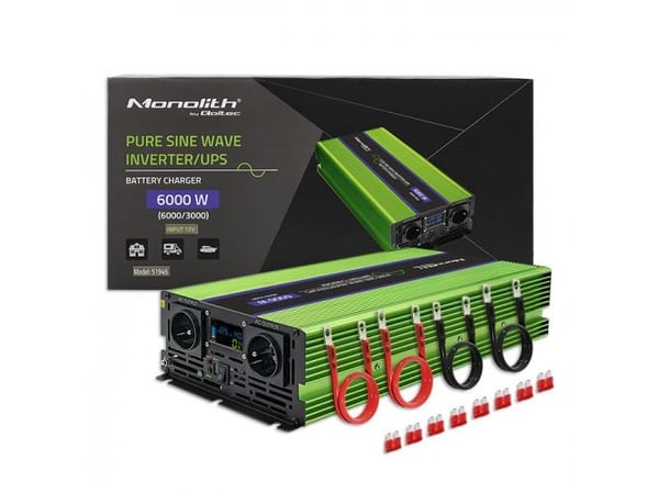 Qoltec Monolith - DC til AC strømomformer / batterilader / UPS - pure sine wave, LCD - AC 230 V / DC 12 V - 3000 watt - utgangskontakter: 4