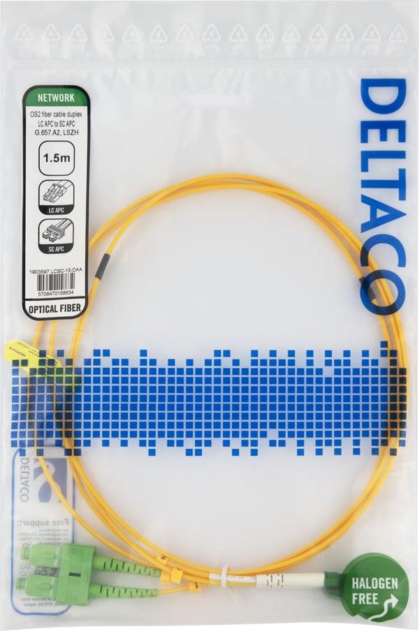 OS2 Fiberkabel, LC - SC, duplex, APC/APC, 1,5m