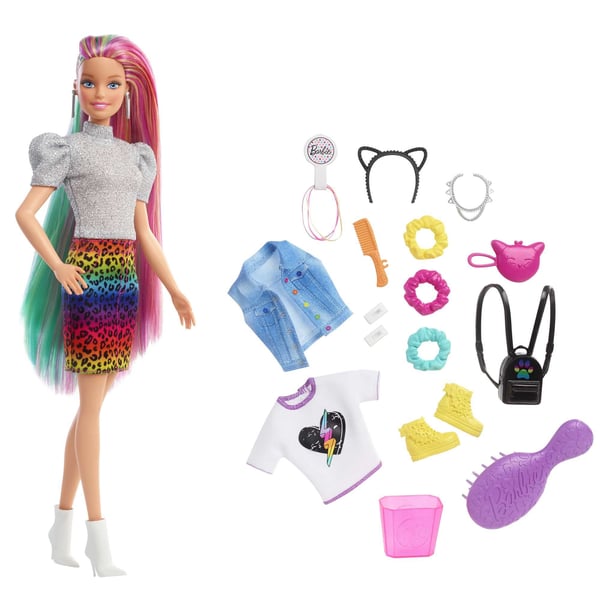 Barbie Totally Hair -docka med leopard- och regnbågsfärgat hår, Modedocka, Flicka, 3 År, Flicka, 298 mm, Multifärg