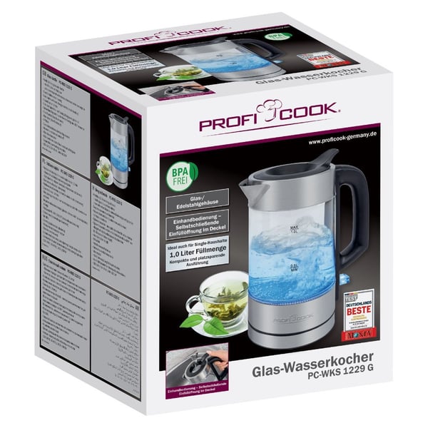 ProfiCook PC-WKS 1229 G, 1 l, 1600 W, Rustfritt stål, Gjennomsiktig, Glass, Rustfritt stål, Vannivåindikator, Overopphetingsbeskyttelse