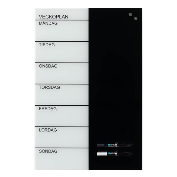 Magnetisk NAGA ugetavle i glas 40x60 cm - svensk tekst - sort/hvid
