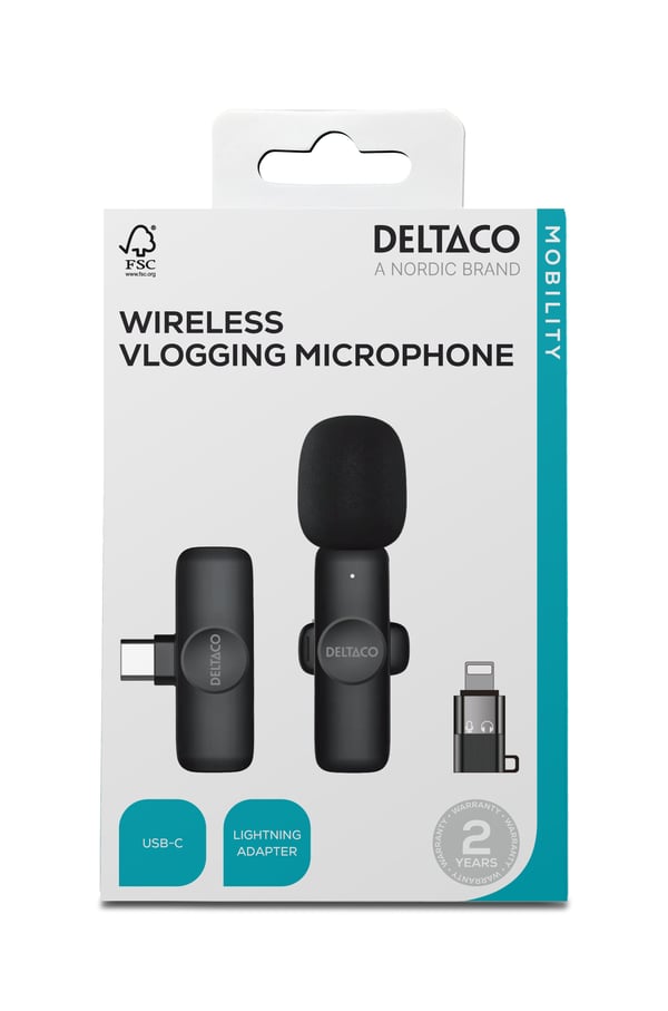 DELTACO VLOG-100 trådlös vloggmikrofon USB-C/Lightning, 1-pack