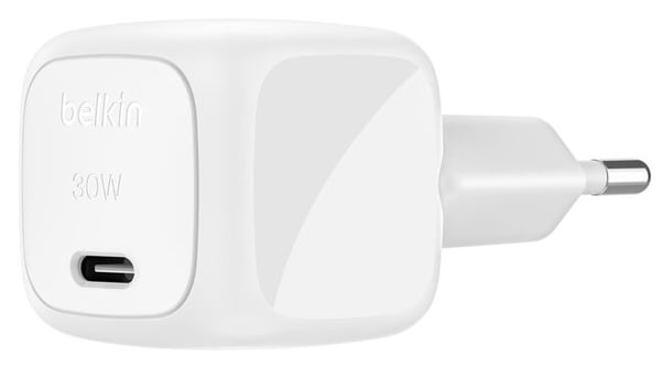 Belkin BoostCharge - Strömadapter - Kompakt - 30 Watt - Power Delivery 3.1 (24 pin USB-C) - på kabel: USB-C - med USB-C-kabel (1 m)