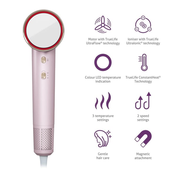 TrueLife HairDryer D6 hiustenkuivaaja 1600 W ionisaattorilla, roosa