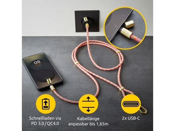 Intenso mobilkedja som laddnings- + datakabel USB-C upp till 1,65m neonmix, 1,65 m, USB C, USB C, Flerfarvet