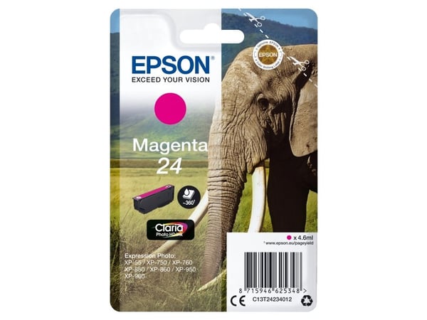 Epson Elephant 24 Norsu Claria Photo HD, yksittäispakkaus, magenta muste, Perusvärintuotto, Magenta, Väriainepohjainen muste, 4,6 ml, 1 kpl, Kertap...