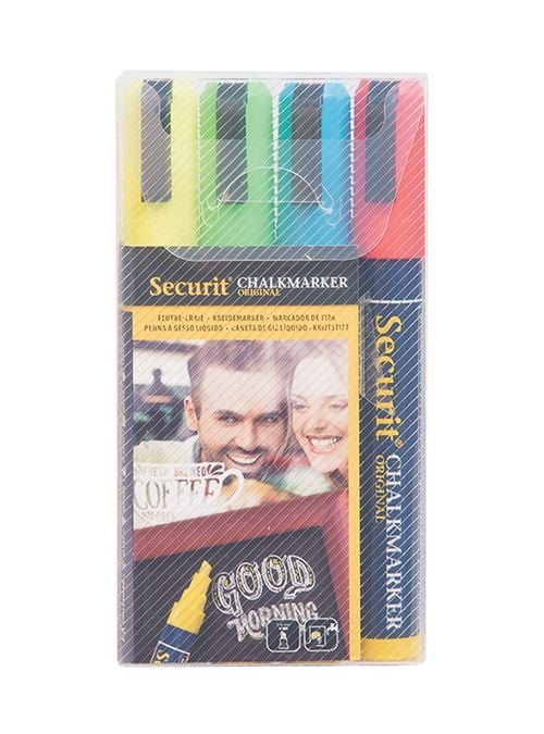 Securit 4 Pieces Liquid Chalk Marker Wallet Pack, Blue/Red/Green/White, Medium 2-6mm Nib, 4 pc, Blå, Grønn, Rød, Gult, Meisel, Luktfri, 4 stykker