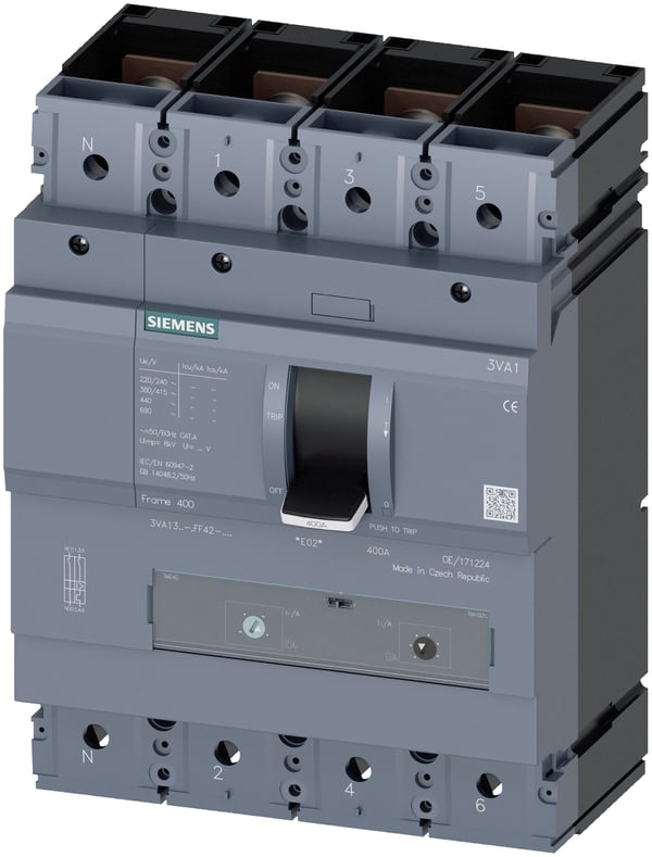 Siemens 3VA1340-5FF42-0AA0 Strömbrytare 1 st Inställningsområde (ström): 280 - 400 A Kopplingsspänning (max.): 690 V/AC, 600 V/DC (B x H x D) 184 x...