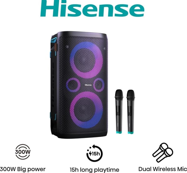 Hisense HP110, 300 W, 40 - 20000 Hz, MP3, WAV, WMA, 13,3 cm (5.25"), Vapaasti seisova PA-järjestelmä, Musta