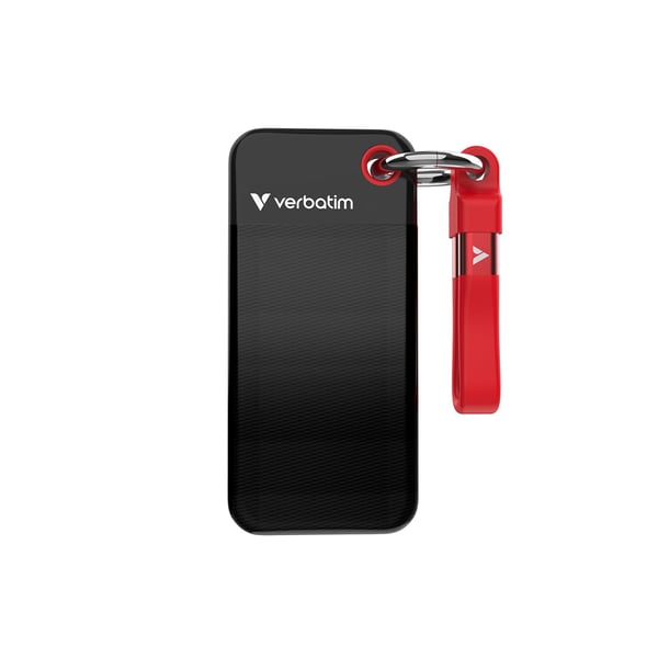 Verbatim Pocket - SSD - 2 TB - nyckelring med kabelkoppling - extern (portabel) - M.2 - USB 3.2 Gen 2 (USB-C kontakt) - svart / röd